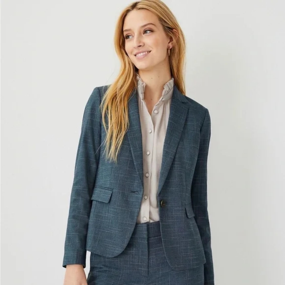 ANN TAYLOR ONE-BUTTON BLAZER IN CROSSHATCH IN TEAL JADE 16